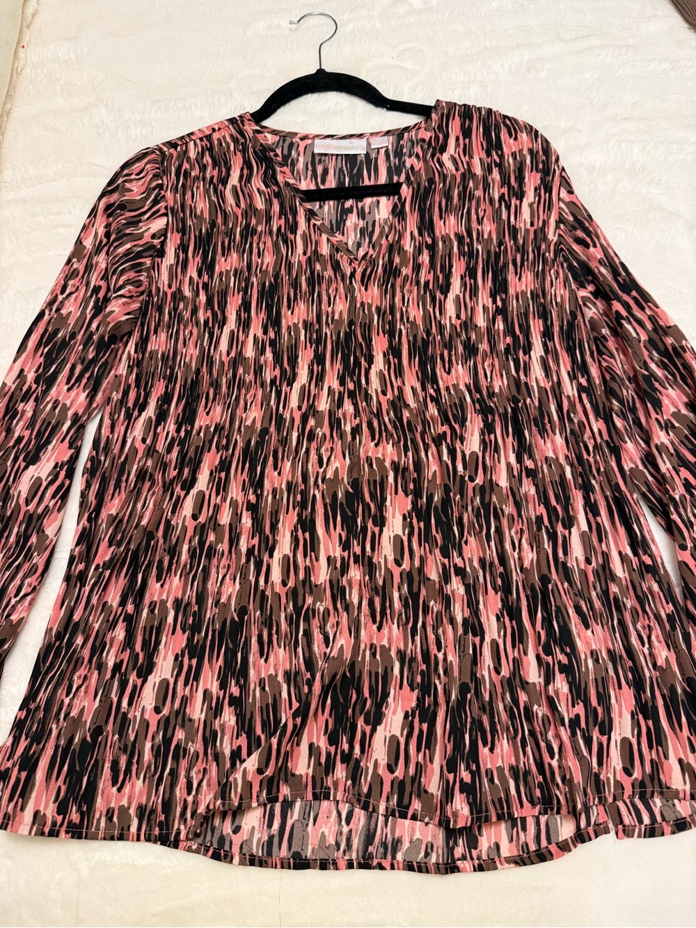 Belle by Kim Gravel Pink and Black Abstract V-Neck Long Sleeve Blouse